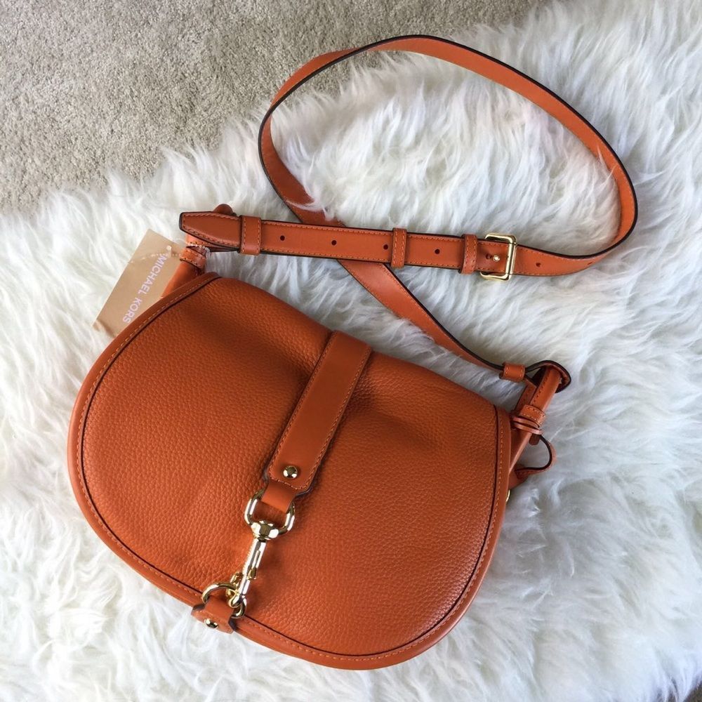 NWT Michael Kors Jamie Large Saddle Crossbody Leather Orange - Picture 3 of 5
